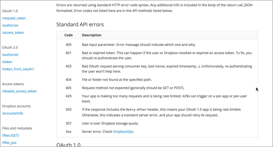 Dropbox API example with errors