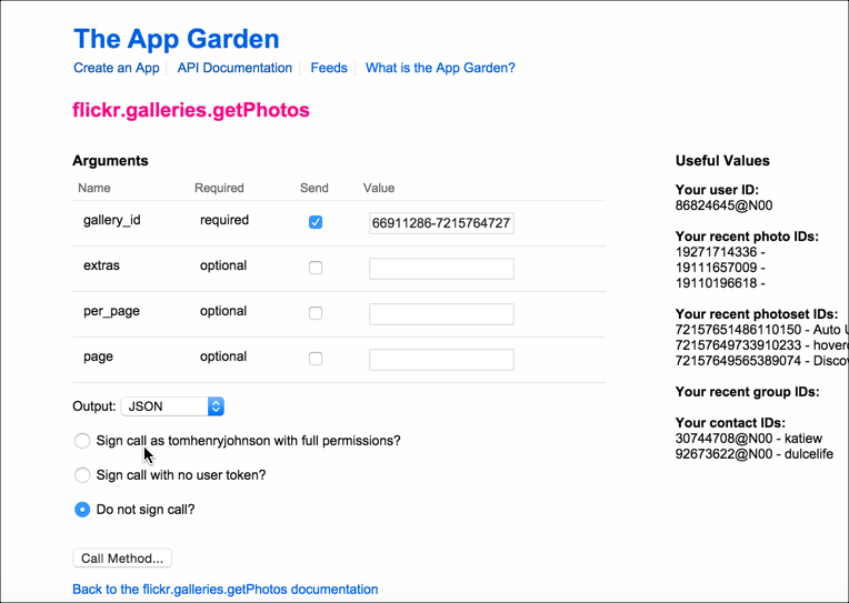 Using the Flickr API Explorer to get the request syntax