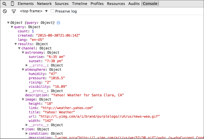 JSON payload from weatherdata API logged to console