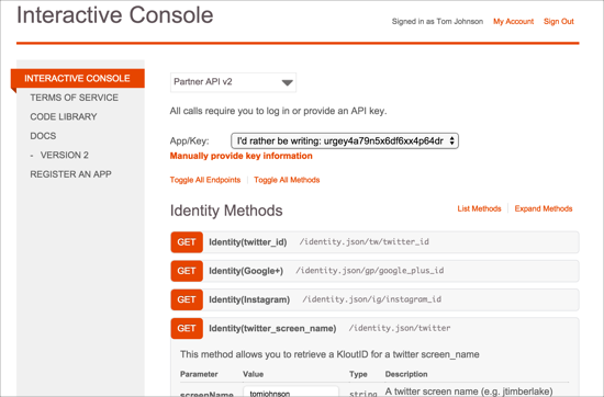 Klout Interactive Console